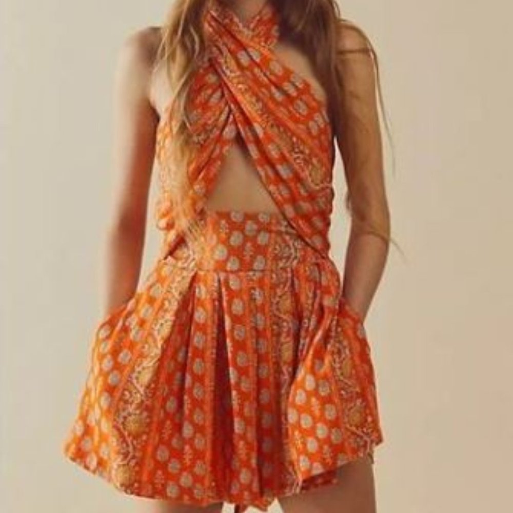 Free People Orange Patterned Jumpsuit